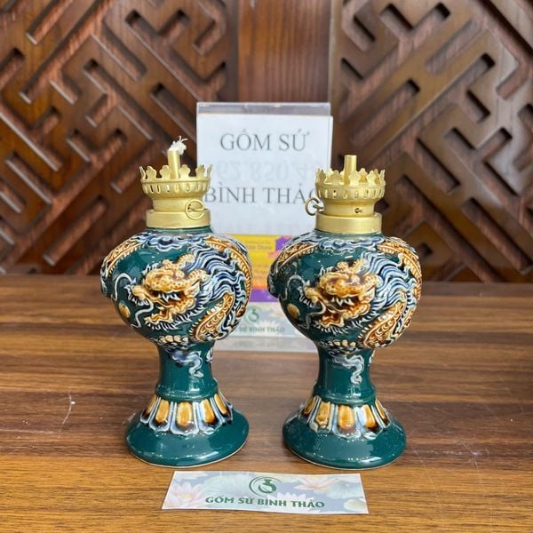  Đèn dầu men xanh ngọc họa tiết rồng đắp nổi - Gốm sứ Bát Tràng cao cấp 