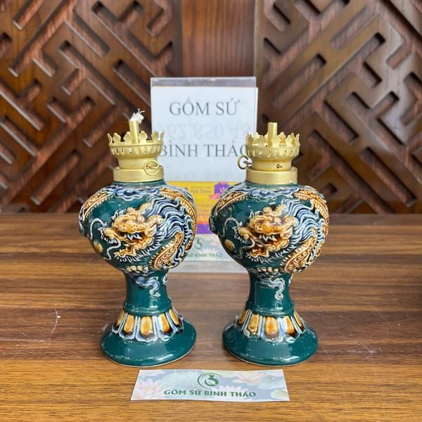  Đèn dầu men xanh ngọc họa tiết rồng đắp nổi - Gốm sứ Bát Tràng cao cấp 