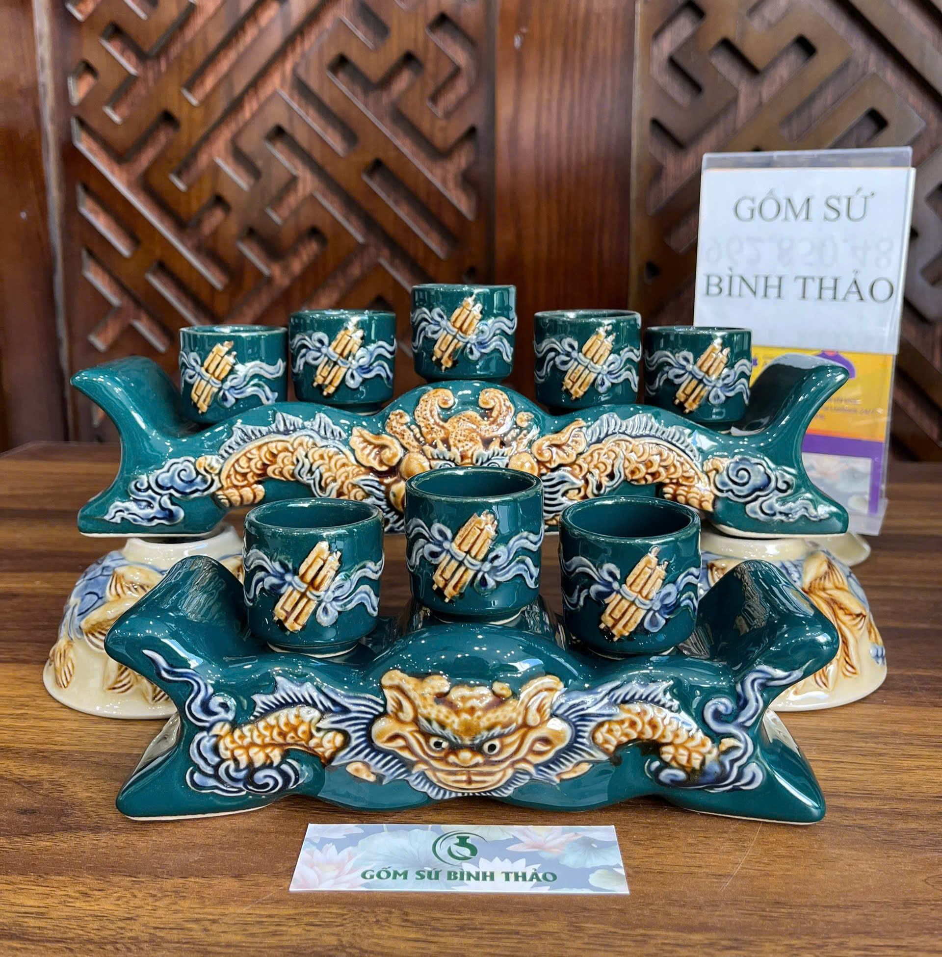  Bộ kỷ thờ cúng, bộ ly thờ, chung nước men xanh ngọc họa tiết rồng đắp nổi - Gốm sứ Bát Tràng cao cấp 