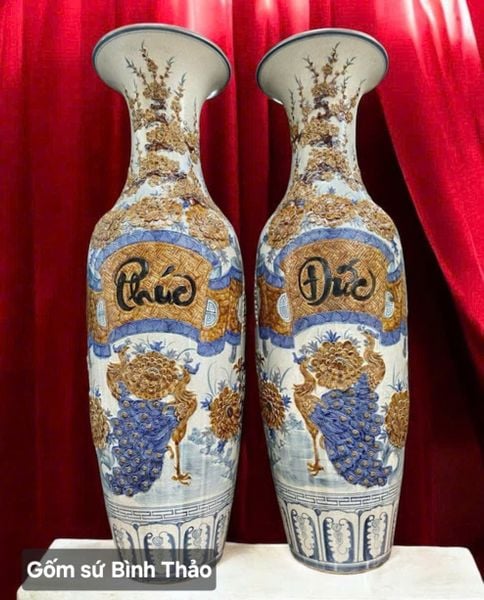  Lọ lộc bình Phúc - Đức men rạn họa tiết đắp nổi - Gốm sứ Bát Tràng cao cấp LBPD-DN 