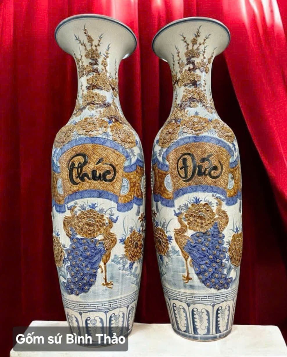 Lọ lộc bình Phúc - Đức men rạn họa tiết đắp nổi - Gốm sứ Bát Tràng cao cấp LBPD-DN 