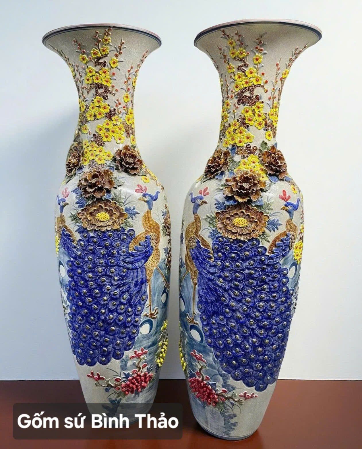  Lọ lộc bình Công đào Phú quý men rạn họa tiết đắp nổi - Gốm sứ Bát Tràng cao cấp LBCD-DN 