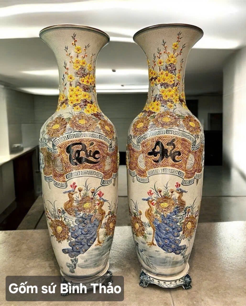  Lọ lộc bình Phúc - Đức men rạn họa tiết đắp nổi - Gốm sứ Bát Tràng cao cấp LBPD-DN 