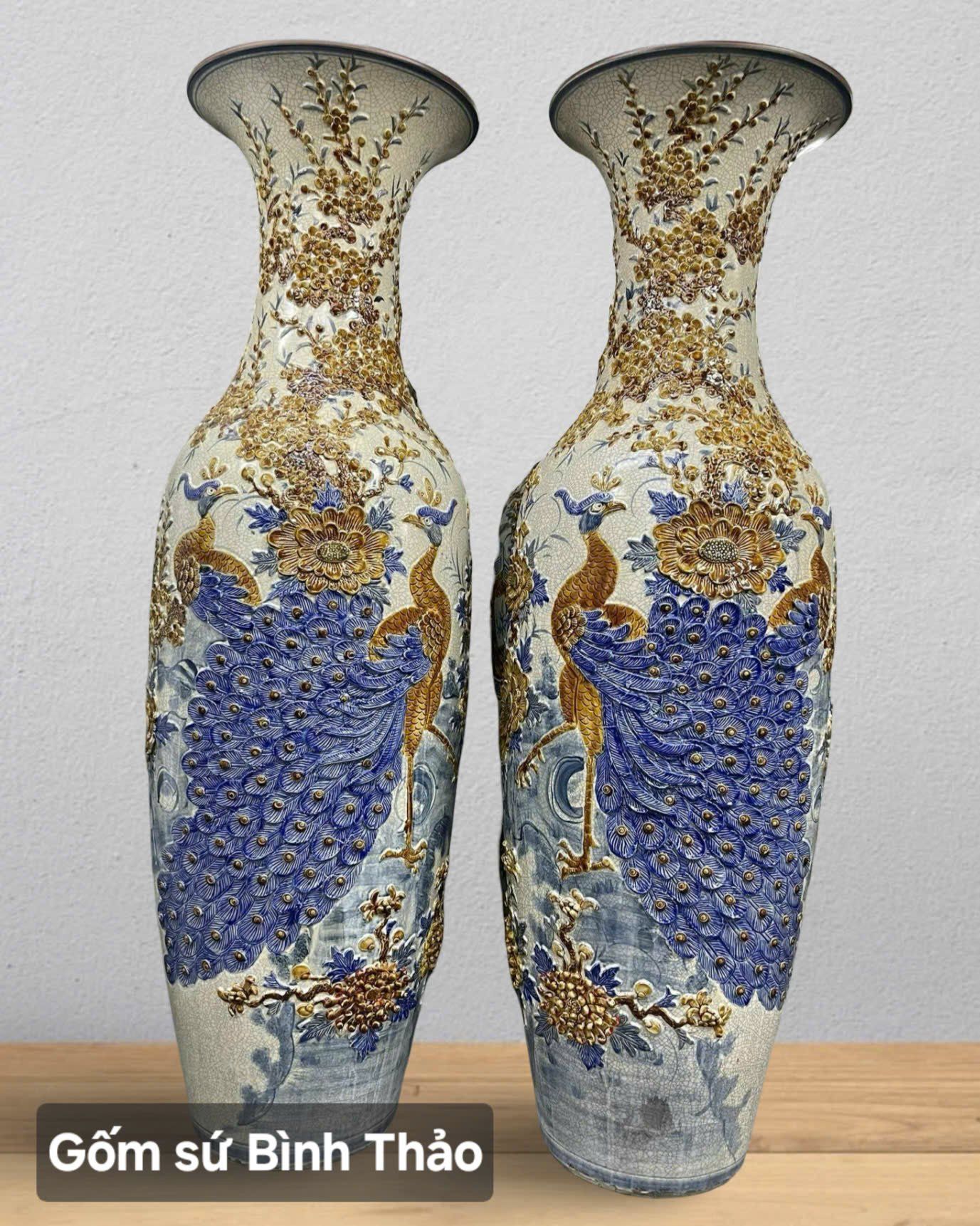  Lọ lộc bình Công đào Phú quý men rạn họa tiết đắp nổi - Gốm sứ Bát Tràng cao cấp LBCD-DN 