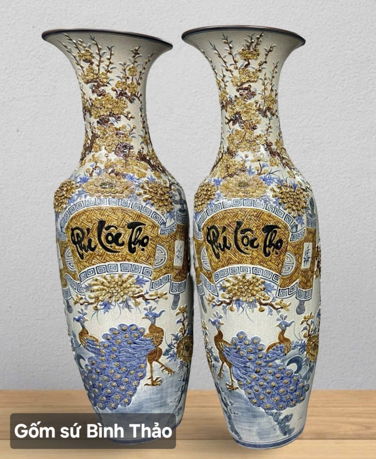  Lọ lộc bình Phúc Lộc Thọ men rạn họa tiết đắp nổi - Gốm sứ Bát Tràng cao cấp LBPLT-DN 