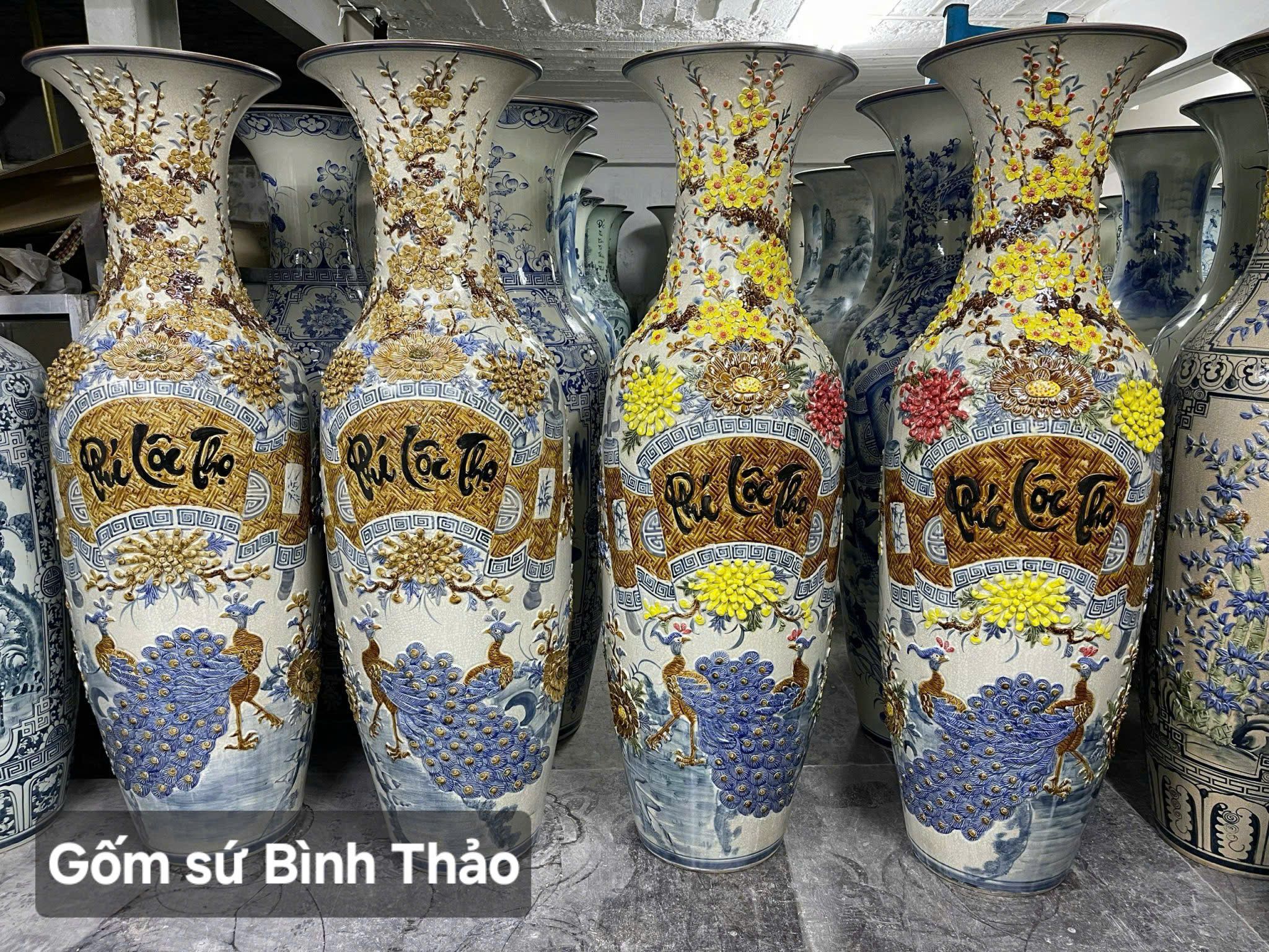  Lọ lộc bình Phúc Lộc Thọ men rạn họa tiết đắp nổi - Gốm sứ Bát Tràng cao cấp LBPLT-DN 