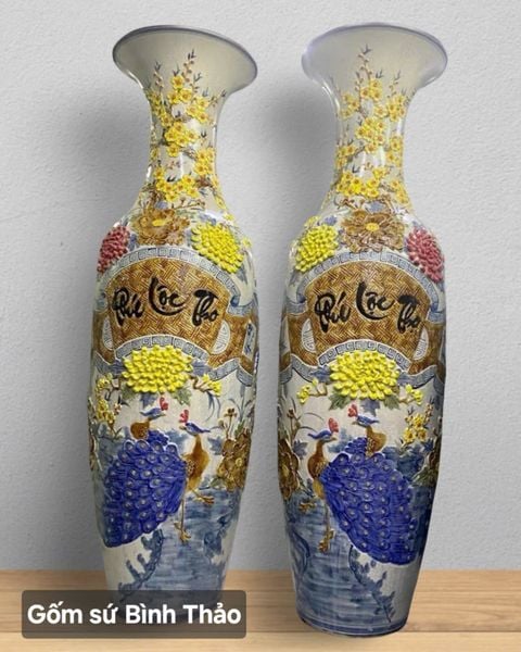  Lọ lộc bình Phúc Lộc Thọ men rạn họa tiết đắp nổi - Gốm sứ Bát Tràng cao cấp LBPLT-DN 