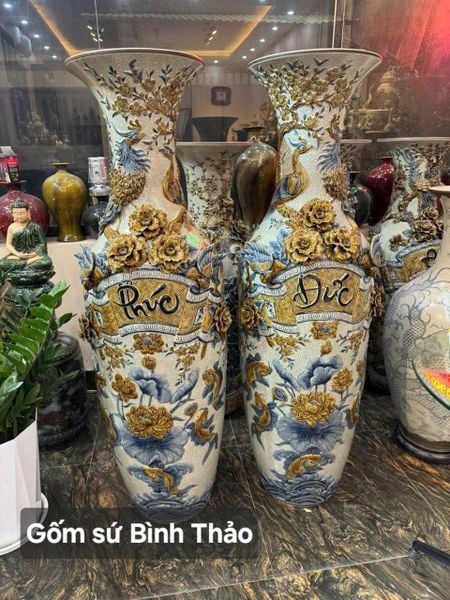  Lọ lộc bình Phúc đức phú quý men rạn đắp nổi 3D - Gốm sứ Bát Tràng cao cấp LBPDPQ-HN 