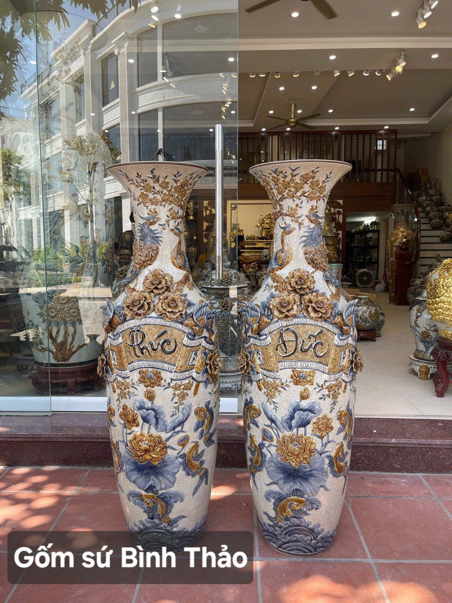  Lọ lộc bình Phúc đức phú quý men rạn đắp nổi 3D - Gốm sứ Bát Tràng cao cấp LBPDPQ-HN 