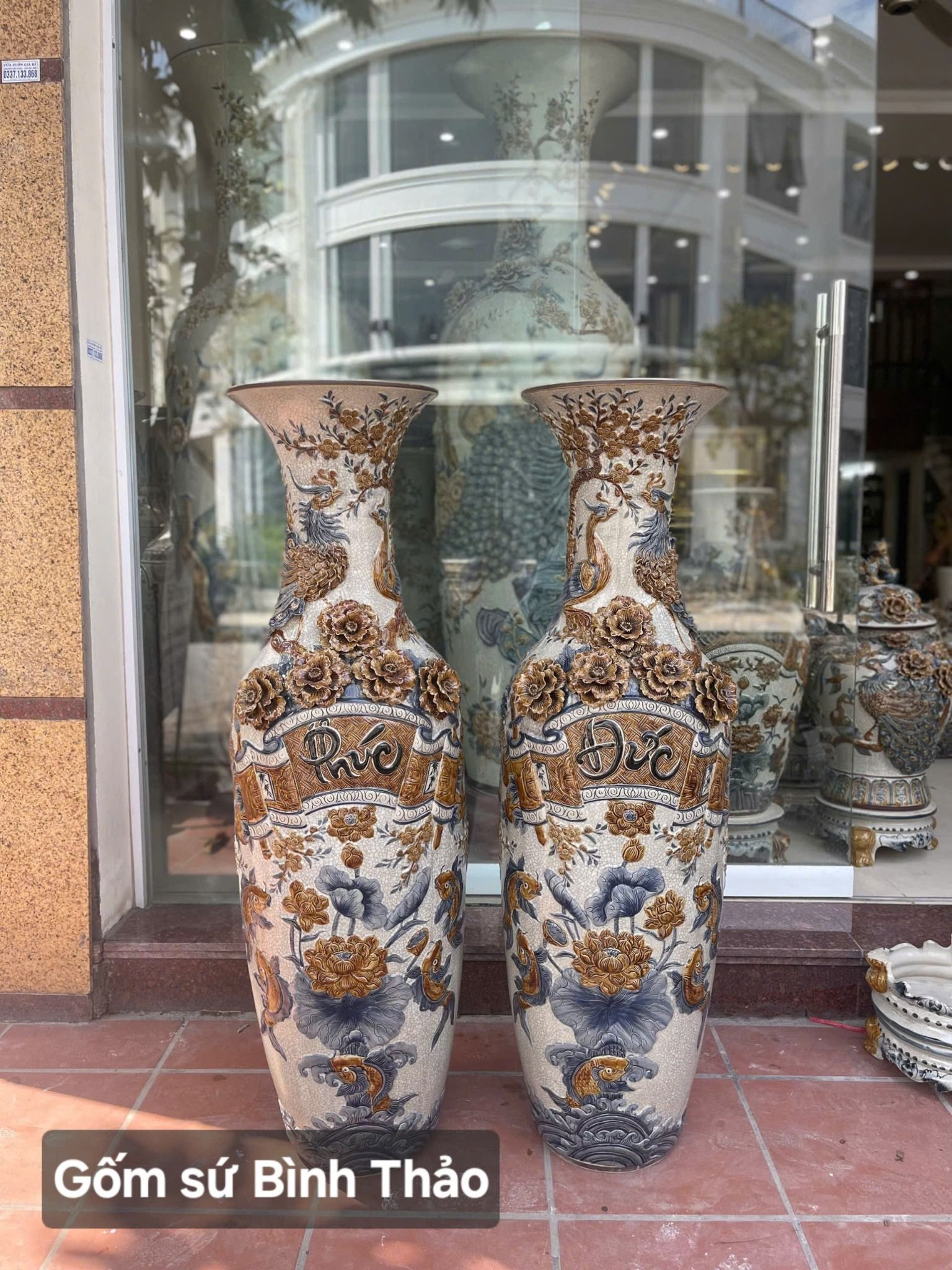  Lọ lộc bình Phúc đức men rạn đắp nổi 3D - Gốm sứ Bát Tràng LBPD-HN 