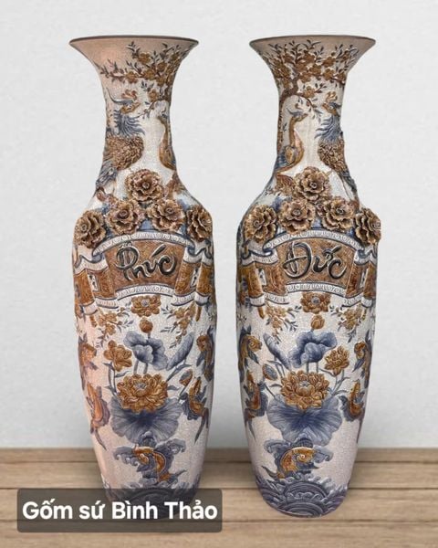  Lọ lộc bình Phúc đức men rạn đắp nổi 3D - Gốm sứ Bát Tràng LBPD-HN 