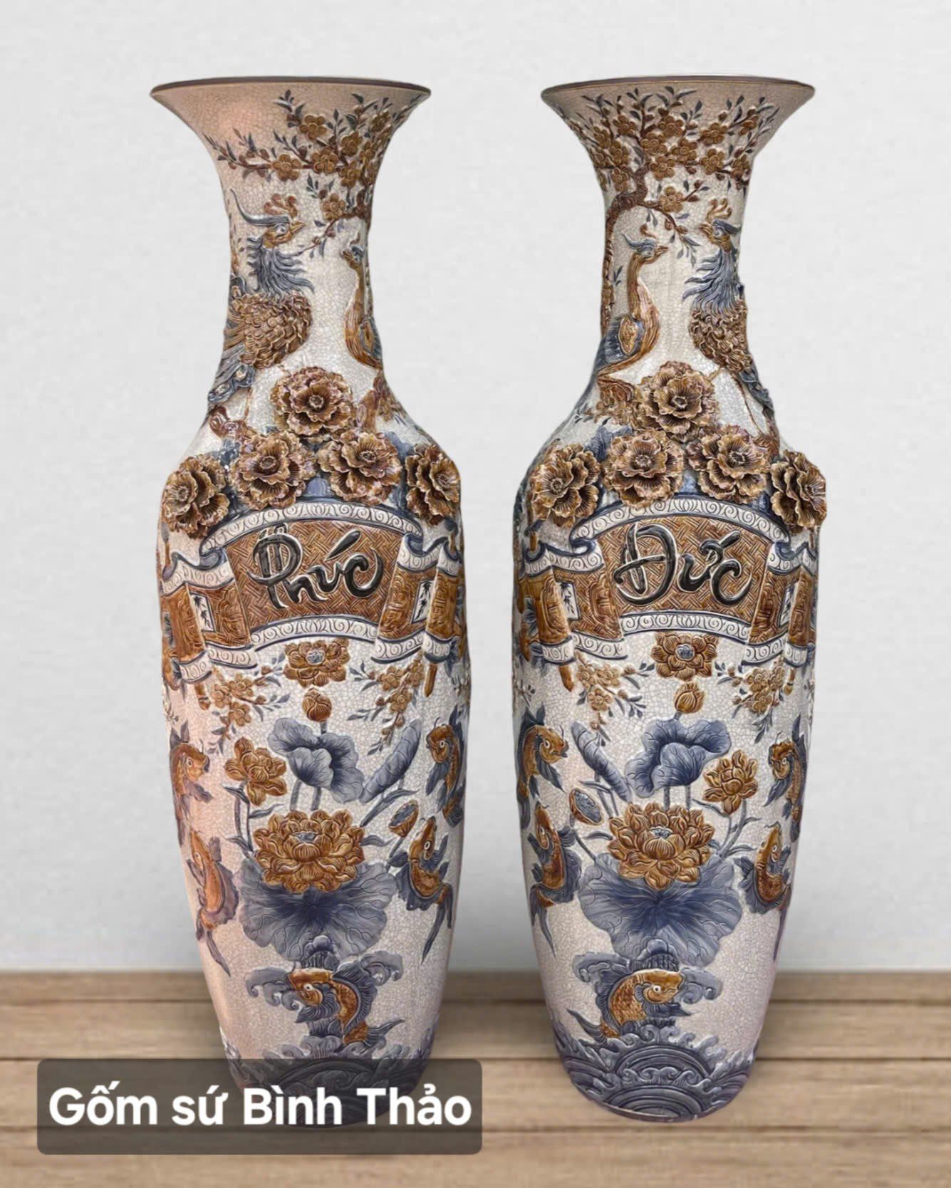  Lọ lộc bình Phúc đức men rạn đắp nổi 3D - Gốm sứ Bát Tràng LBPD-HN 