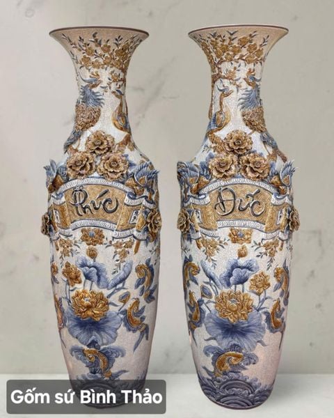  Lọ lộc bình Phúc đức phú quý men rạn đắp nổi 3D - Gốm sứ Bát Tràng cao cấp LBPDPQ-HN 