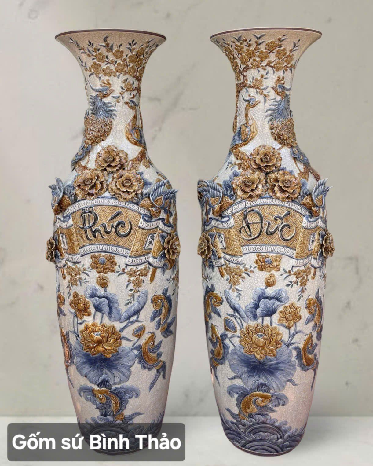  Lọ lộc bình Phúc đức phú quý men rạn đắp nổi 3D - Gốm sứ Bát Tràng cao cấp LBPDPQ-HN 