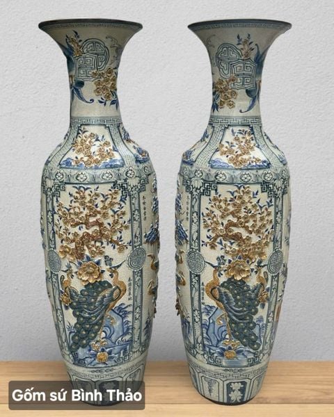  Lọ lộc bình Tứ cảnh bổ khung nâu men rạn đắp nổi - Gốm sứ Bát Tràng cao cấp LBTCBKN-HN 