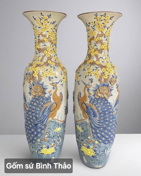  Lọ lộc bình Công hoa mai men rạn đắp nổi - Gốm sứ Bát Tràng cao cấp LBCM-HN 