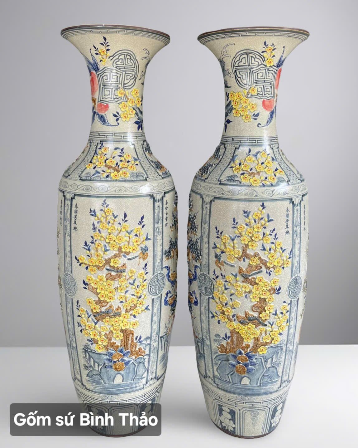  Lọ lộc bình Tứ cảnh hoa mai men rạn đắp nổi - Gốm sứ Bát Tràng chính hãng LBTCHM-HN 