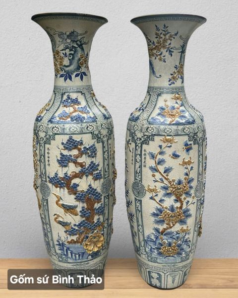  Lọ lộc bình Tứ cảnh bổ khung nâu men rạn đắp nổi - Gốm sứ Bát Tràng cao cấp LBTCBKN-HN 