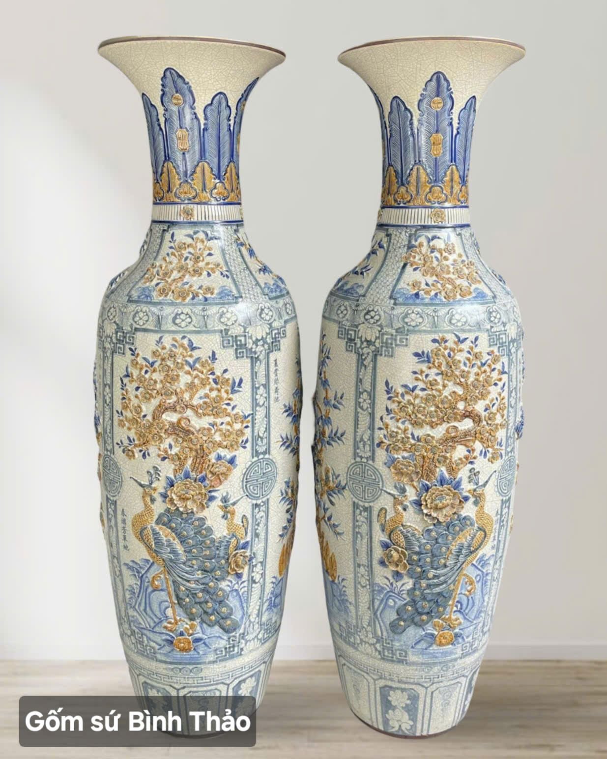  Lọ lộc bình Tứ cảnh bổ khung nâu men rạn đắp nổi - Gốm sứ Bát Tràng cao cấp LBTCBKN-HN 