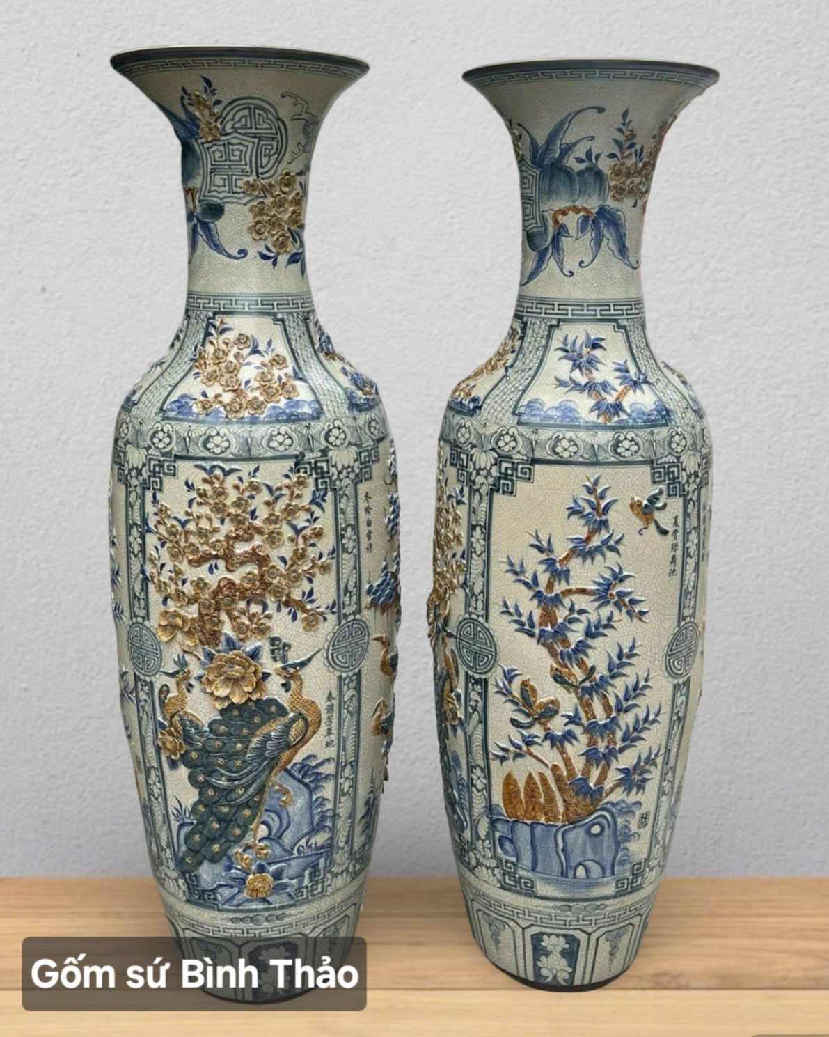  Lọ lộc bình Tứ cảnh bổ khung nâu men rạn đắp nổi - Gốm sứ Bát Tràng cao cấp LBTCBKN-HN 