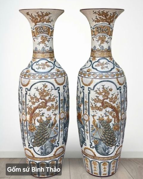  Lọ lộc bình Tứ cảnh phúc đức men rạn đắp nổi - Gốm sứ Bát Tràng cao cấp LBTCPD-HN 