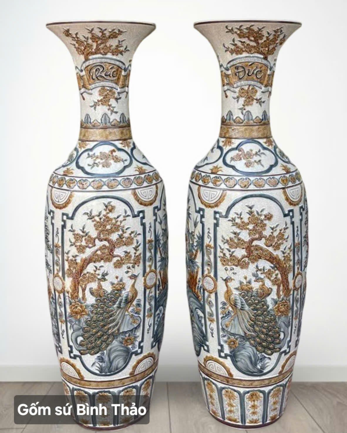  Lọ lộc bình Tứ cảnh phúc đức men rạn đắp nổi - Gốm sứ Bát Tràng cao cấp LBTCPD-HN 