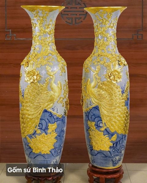  Lọ lộc bình Công đào dát vàng men rạn đắp nổi - Gốm sứ Bát Tràng cao cấp LBCDDV-HN 