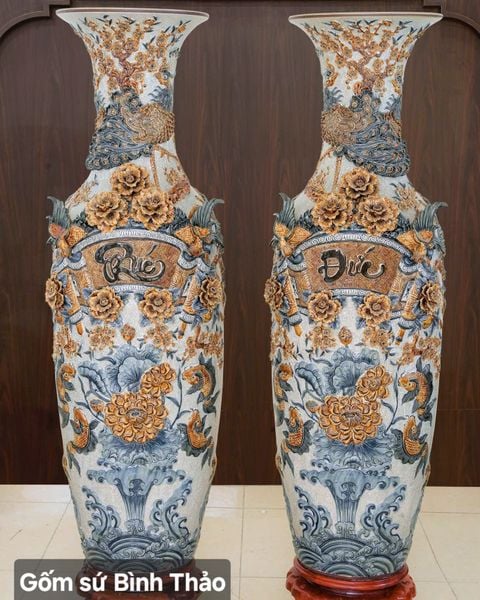  Lọ lộc bình Phúc đức uyên ương men rạn đắp nổi 3D - Gốm sứ Bát Tràng cao cấp LBPDUU-HN 