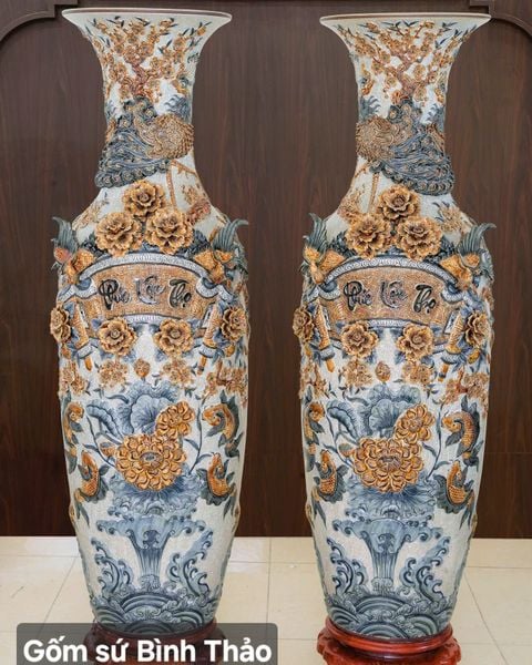  Lọ lộc bình Phúc lộc thọ uyên ương men rạn đắp nổi 3D - Gốm sứ Bát Tràng cao cấp LBPLTUU-HN 