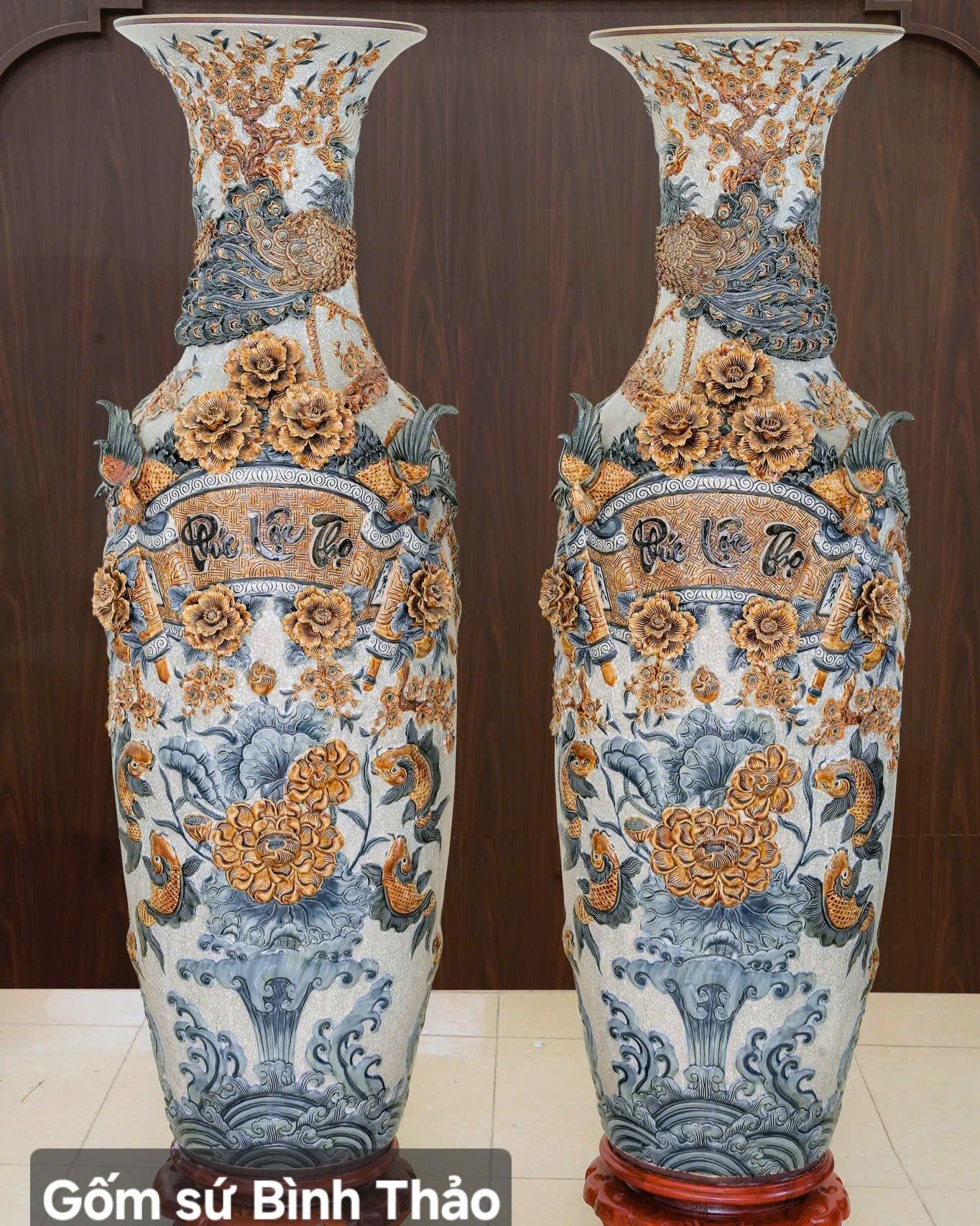  Lọ lộc bình Phúc lộc thọ uyên ương men rạn đắp nổi 3D - Gốm sứ Bát Tràng cao cấp LBPLTUU-HN 