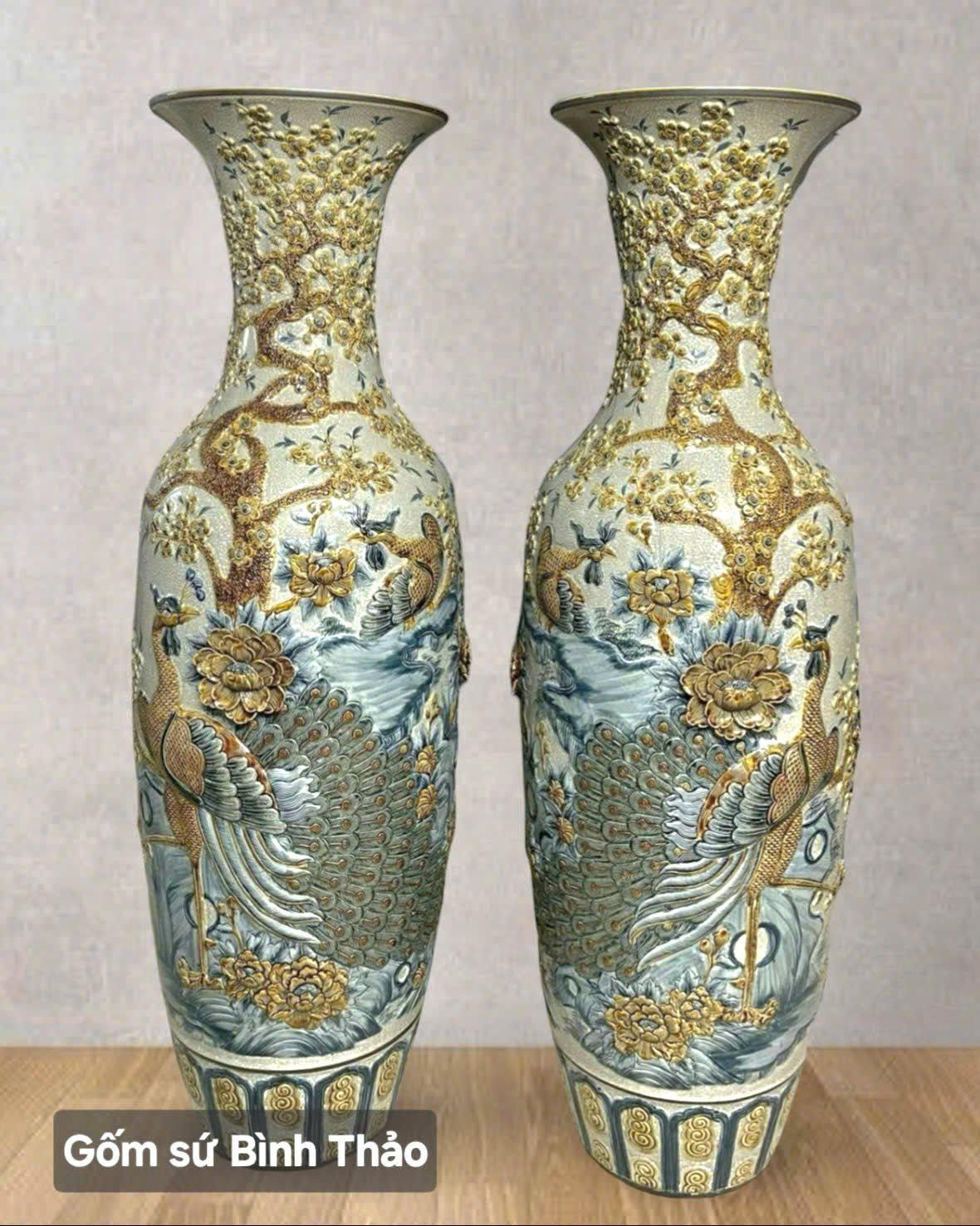  Lọ lộc bình Công đào men rạn đắp nổi - Gốm sứ Bát Tràng chính hãng LBCDT-HN 