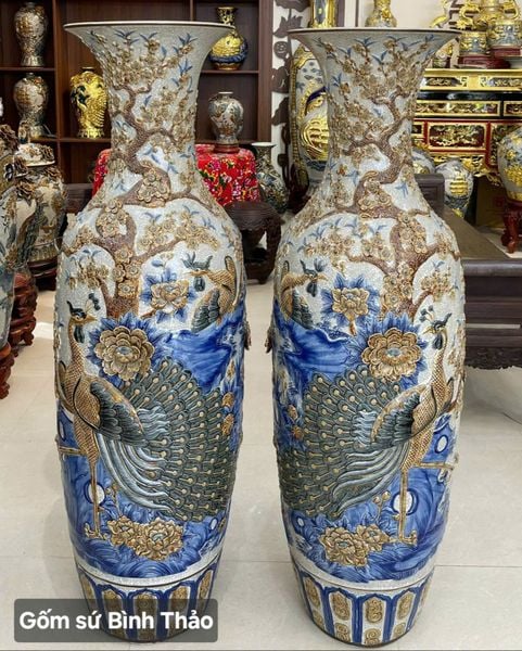  Lọ lộc bình Công đào men rạn đắp nổi - Gốm sứ Bát Tràng chính hãng LBCDT-HN 