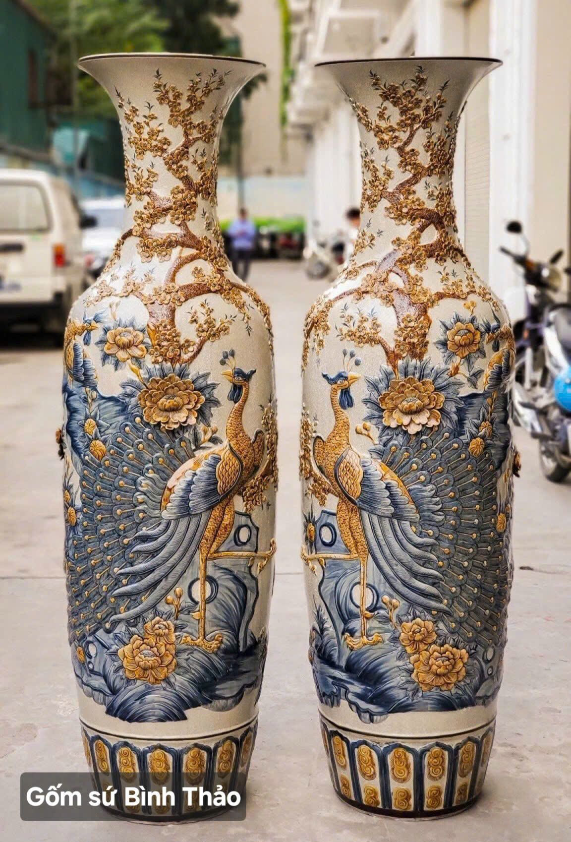  Lọ lộc bình Công đào men rạn đắp nổi - Gốm sứ Bát Tràng chính hãng LBCDT-HN 