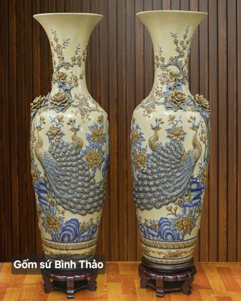  Lọ lộc bình Công đào đắp nổi - Gốm sứ Bát Tràng cao cấp LBHTCD-DM 