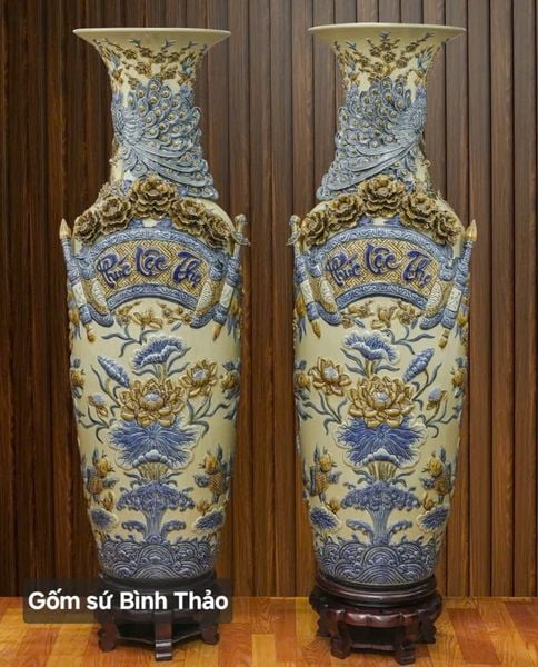  Lọ lộc bình Phúc Lộc Thọ đắp nổi - Gốm sứ Bát Tràng cao cấp LBHTPLT-DM 