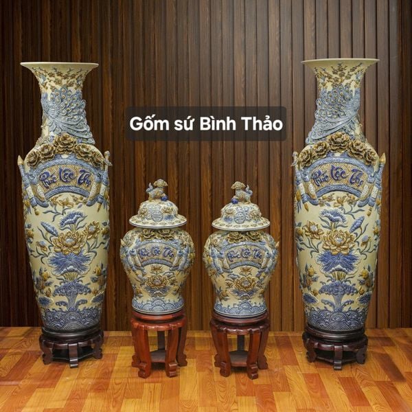  Lọ lộc bình Phúc Lộc Thọ đắp nổi - Gốm sứ Bát Tràng cao cấp LBHTPLT-DM 
