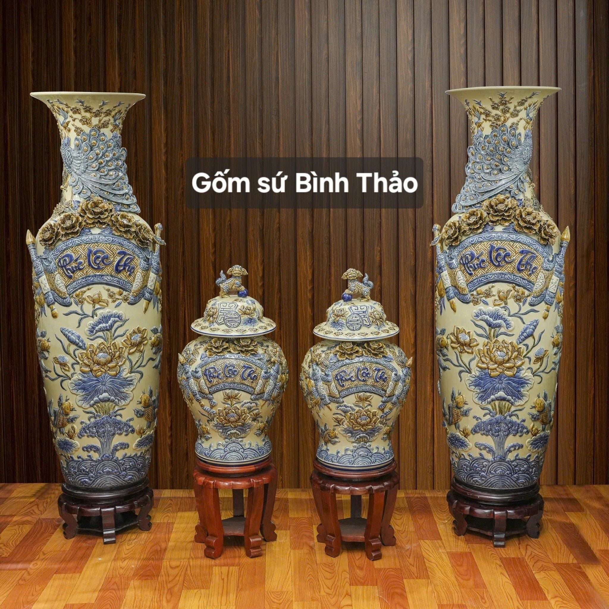  Lọ lộc bình Phúc Lộc Thọ đắp nổi - Gốm sứ Bát Tràng cao cấp LBHTPLT-DM 