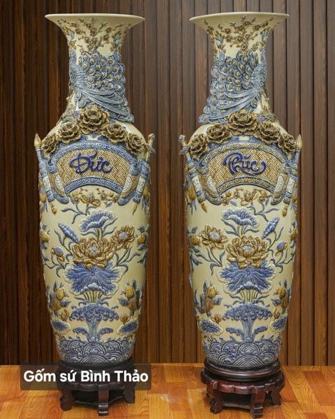  Lọ lộc bình Phúc Đức đắp nổi - Gốm sứ Bát Tràng cao cấp LBHTPD-DM 