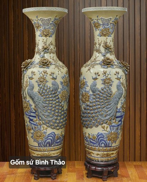  Lọ lộc bình Công đào đắp nổi - Gốm sứ Bát Tràng cao cấp LBHTCD-DM 