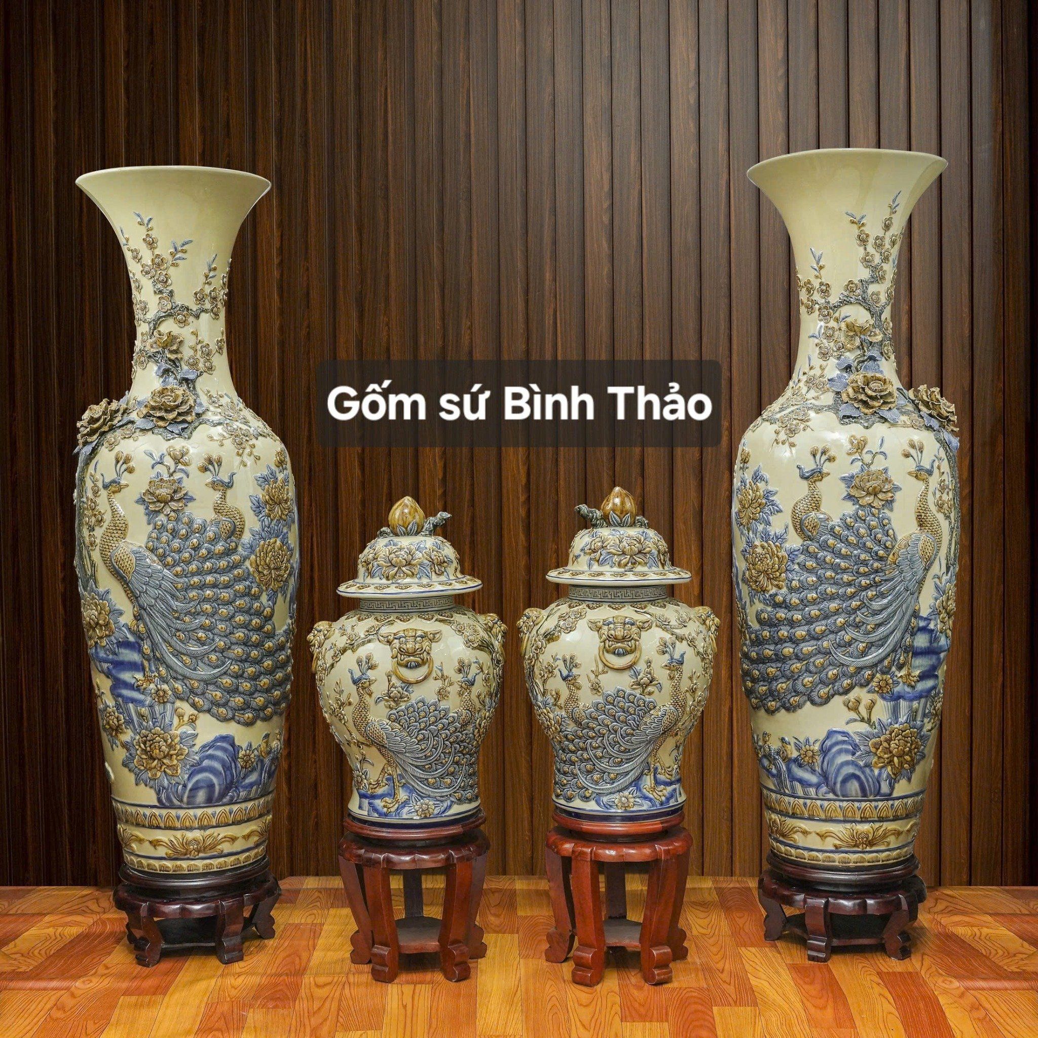  Lọ lộc bình Công đào đắp nổi - Gốm sứ Bát Tràng cao cấp LBHTCD-DM 