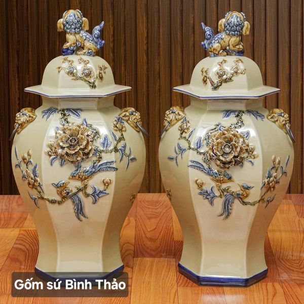  Choé lục giác Công Đào đắp nổi - Gốm sứ Bát Tràng chính hãng 