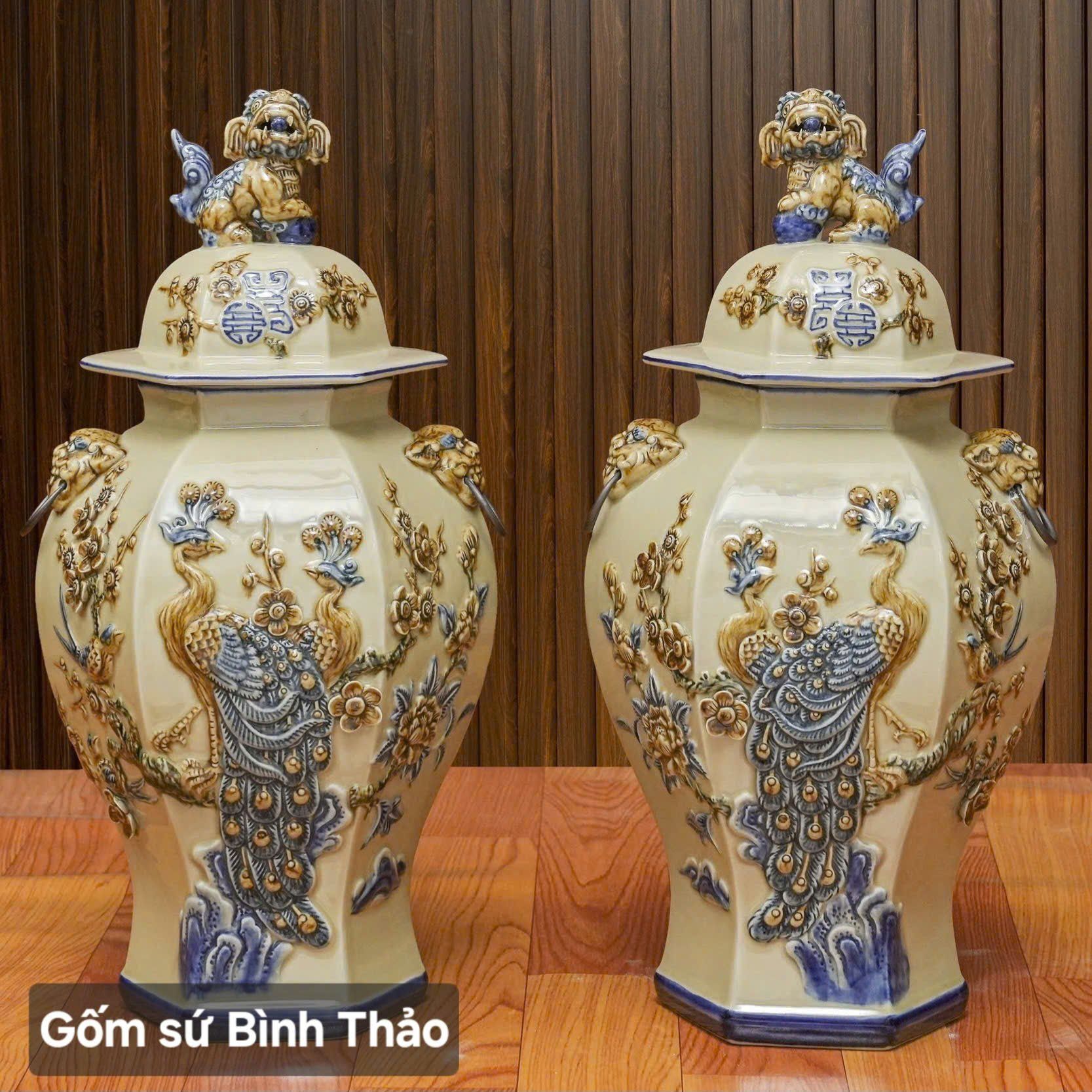  Choé lục giác Công Đào đắp nổi - Gốm sứ Bát Tràng chính hãng 