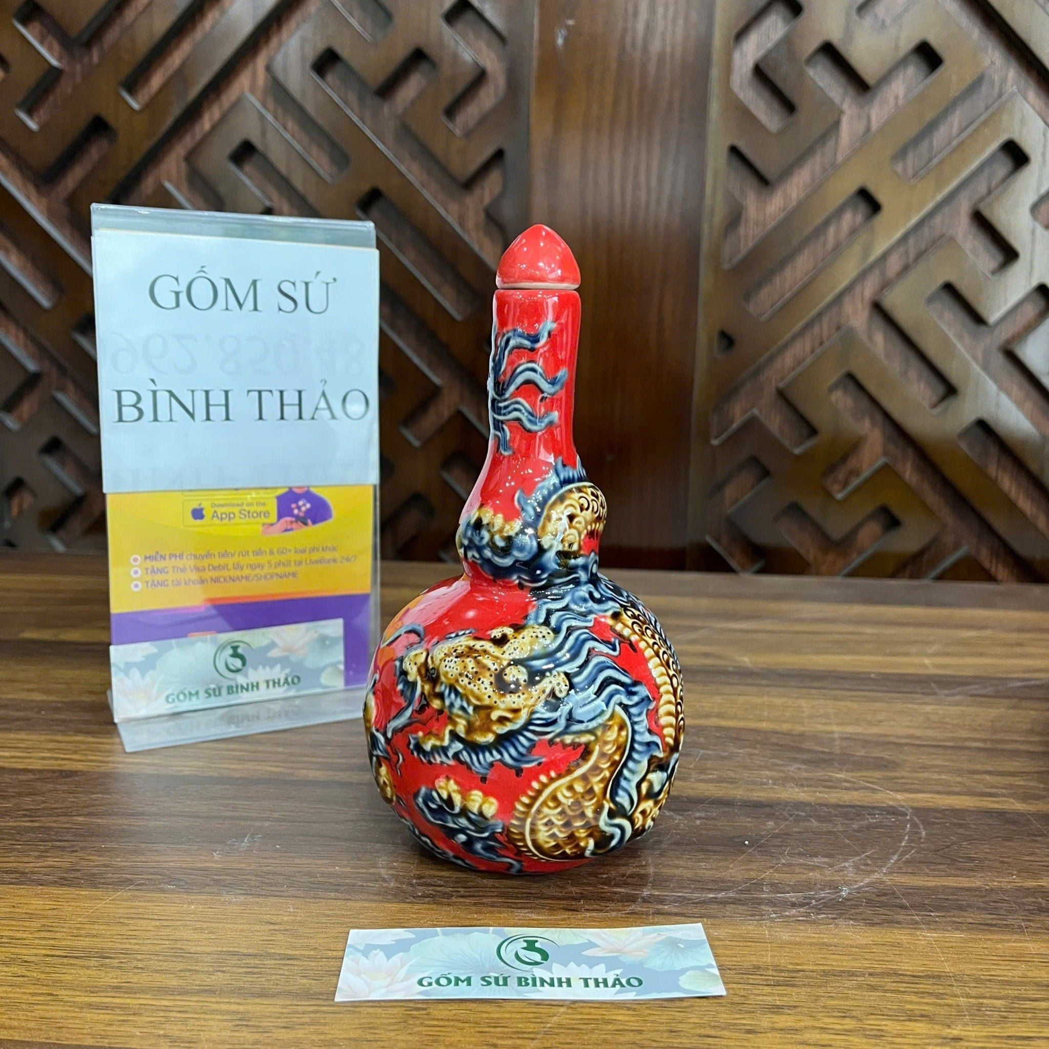  Nậm 2 bầu rồng men đỏ họa tiết đắp nổi - Gốm sứ Bát Tràng chính hãng 