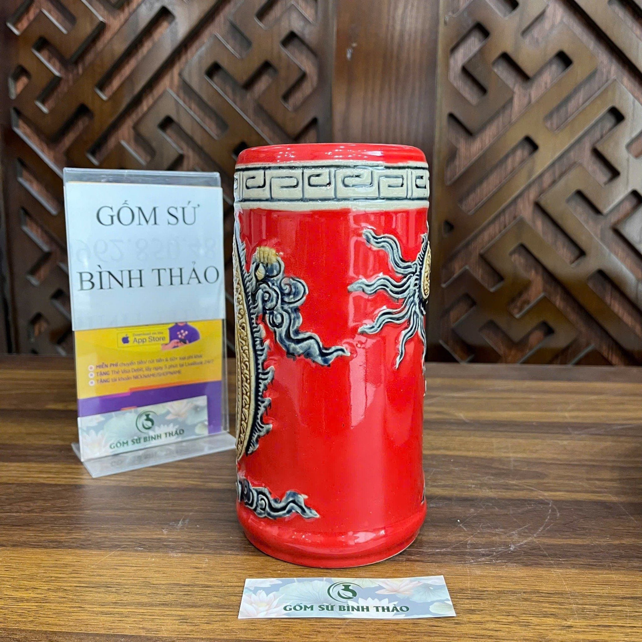  Ống hương rồng men đỏ họa tiết đắp nổi - Gốm sứ Bát Tràng chính hãng 