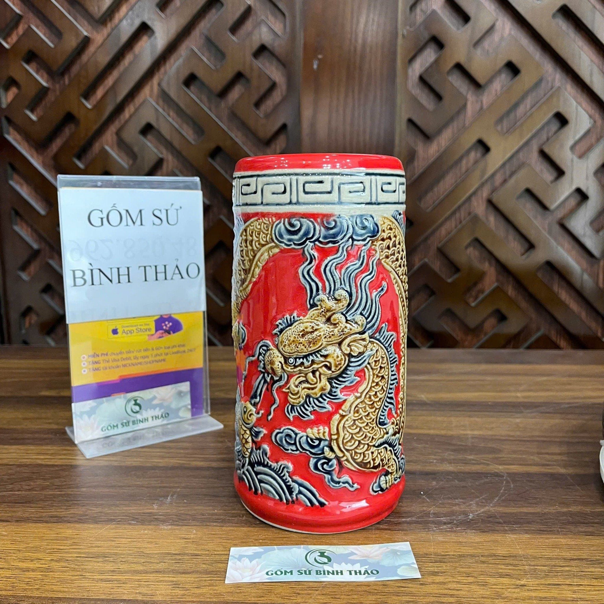  Ống hương rồng men đỏ họa tiết đắp nổi - Gốm sứ Bát Tràng chính hãng 