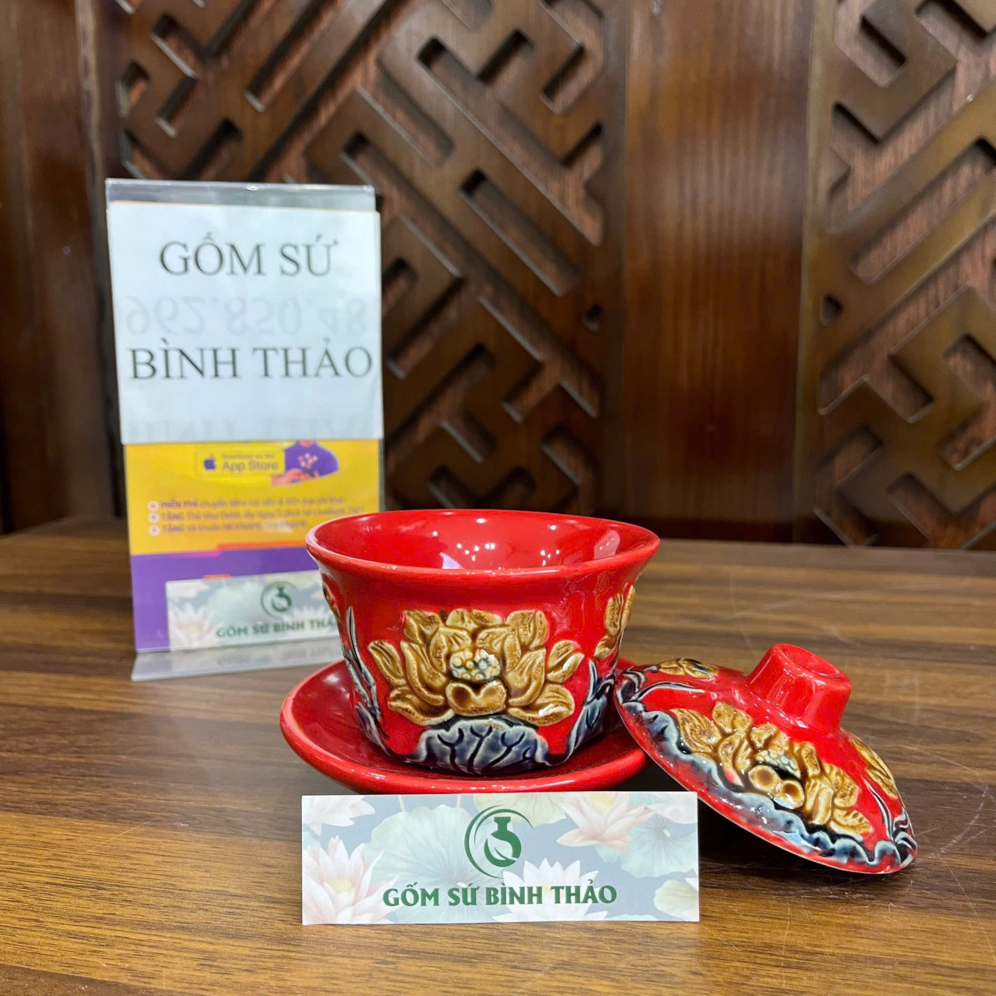  Bát sâm sen men đỏ họa tiết đắp nổi - Gốm sứ Bát Tràng chính hãng 