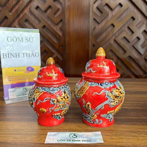  Chóe thờ, chum muối gạo thờ cúng men đỏ họa tiết đắp nổi - Gốm sứ Bát Tràng chính hãng 