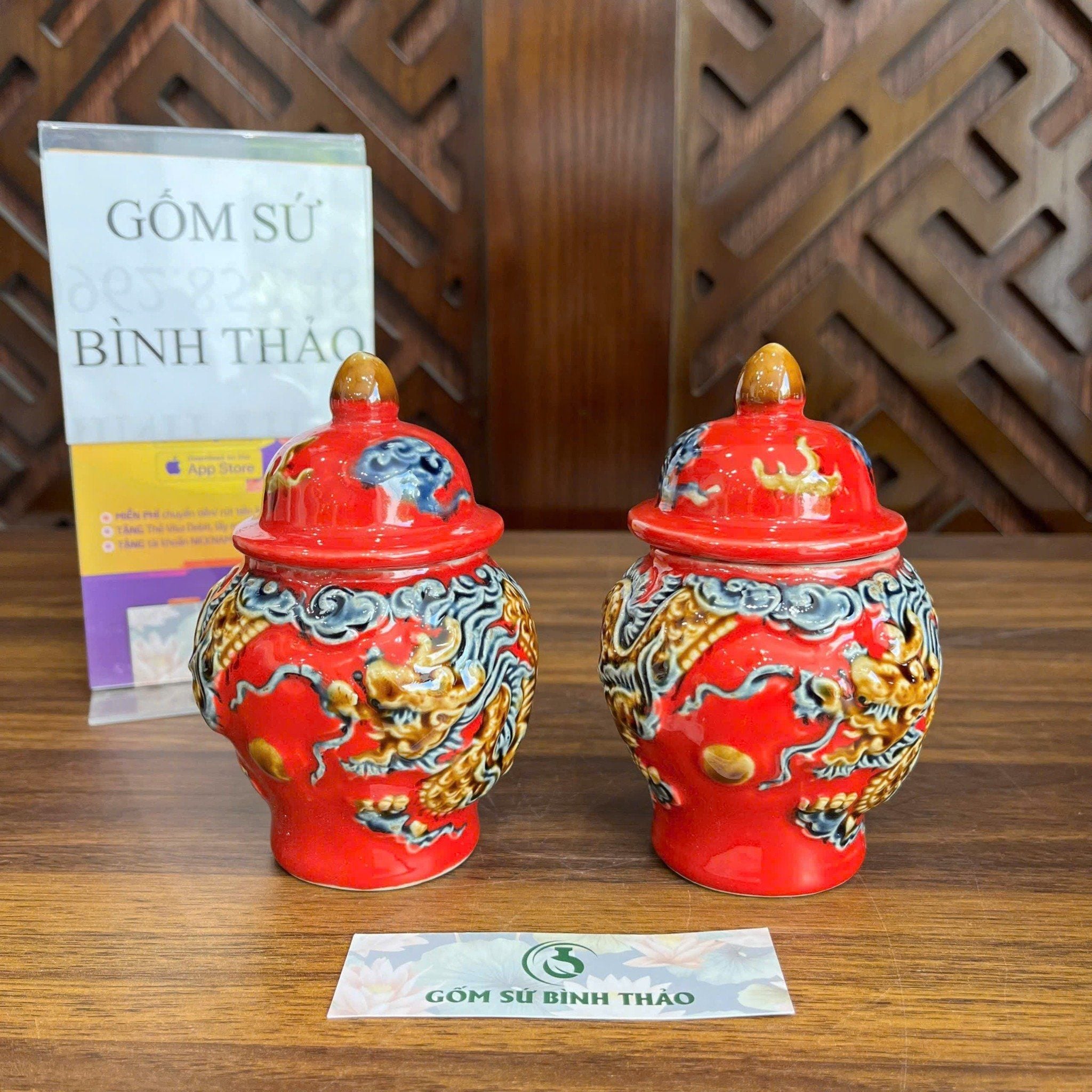  Chóe thờ, chum muối gạo thờ cúng men đỏ họa tiết đắp nổi - Gốm sứ Bát Tràng chính hãng 