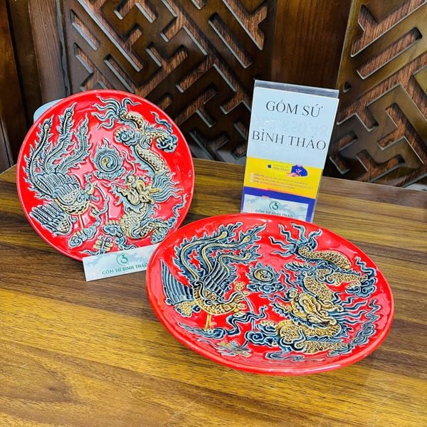  Mâm bồng, đĩa đựng hoa quả, đĩa trầu men đỏ họa tiết rồng/ sen đắp nổi - Gốm sứ Bát Tràng 