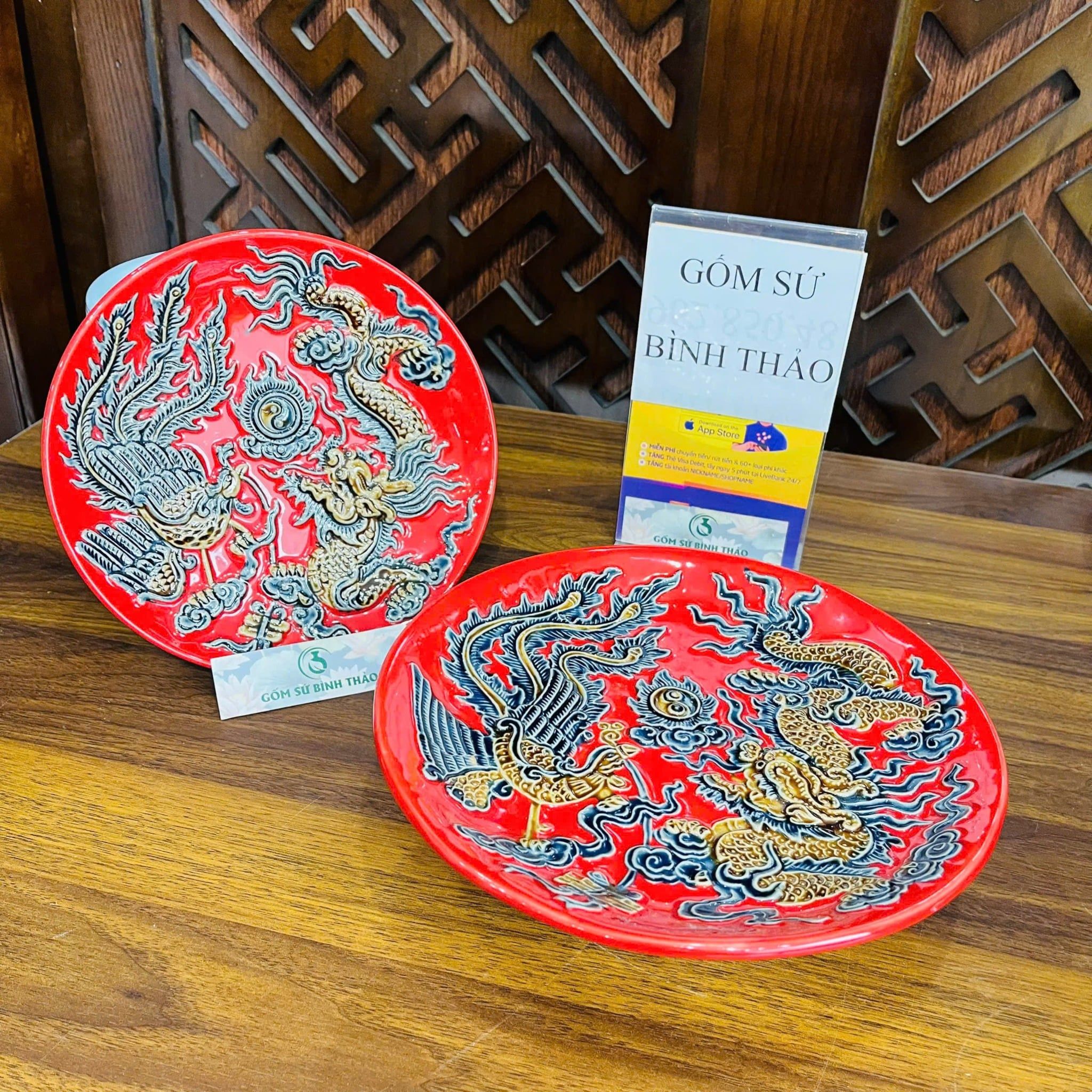  Mâm bồng, đĩa đựng hoa quả, đĩa trầu men đỏ họa tiết rồng/ sen đắp nổi - Gốm sứ Bát Tràng 